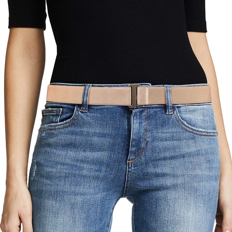 JASGOOD Women No Show Stretch Belt Invisible Elastic Web Strap Belt with Flat Buckle for Jeans Pants Dresses (Suit for US Size 0-16, Khaki) - Image 1